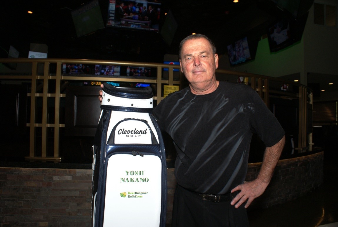 Cleveland Golf sponsored my golf bag that is part of the décor on the walls of Dewey’s Indoor Golf &Sports Grill.  The logo for RealHangoverRelief.com is not very readable but with Dewey’s as its foundation, 				it will grow throughout the state and beyond.  Always an innovator, Dewey’s is also home to The Gamblers				Golf Hall of Fame that includes Titanic Thompson, Doyle Brunson, Puggy Pearson, Bobby Baldwin, Jack 					Binion, & Dewey himself.  Dewey finished 2nd twice in the World Series of Poker’s.