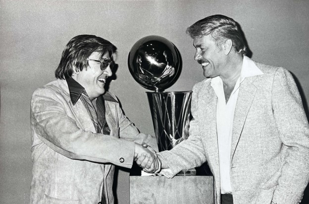 Yosh Nakano Frank Mariani & Jerry Buss after 1st NBA Championship